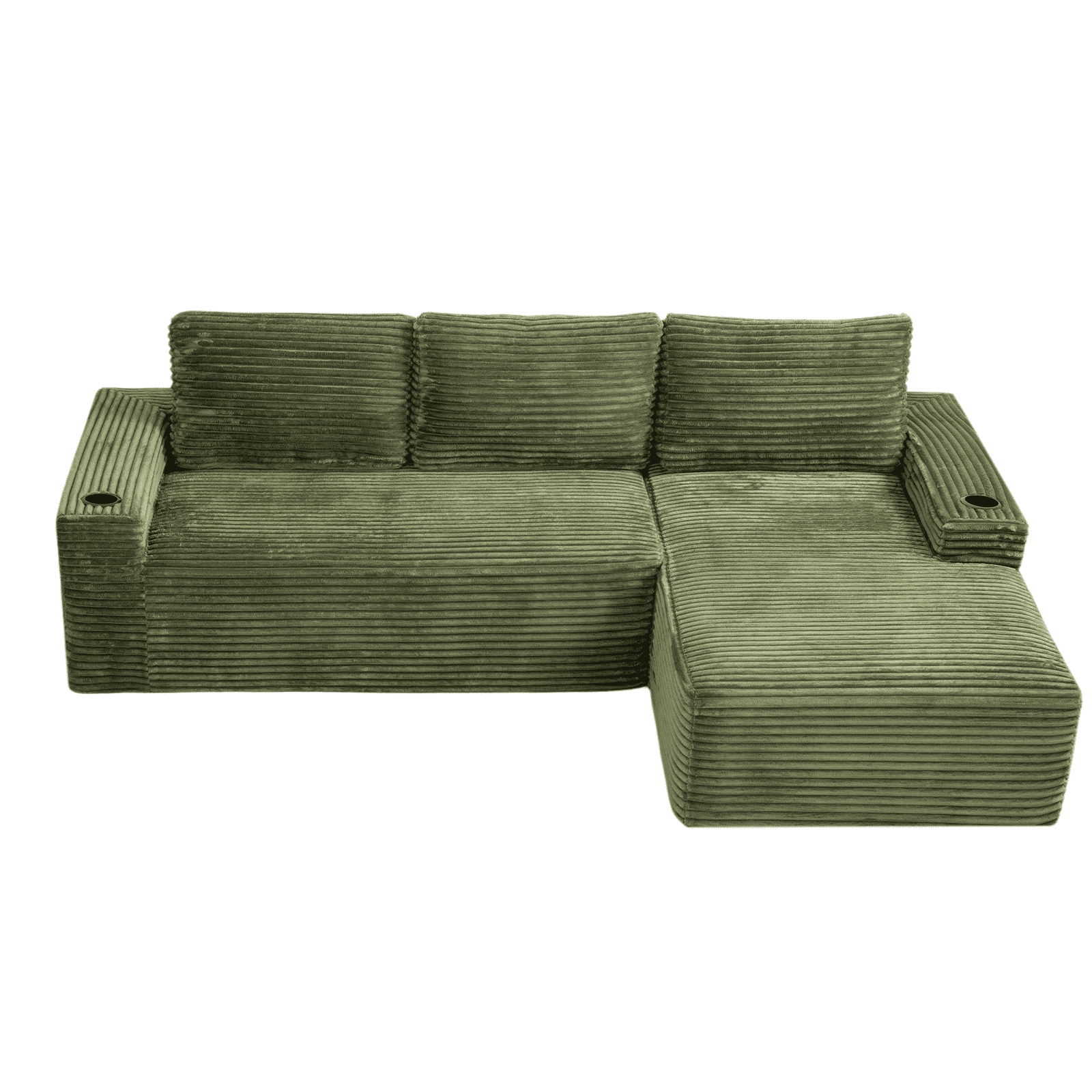 L-Shape Cloud Couch Cup Holders, Modular 104" Cloud Sectional Sofa Corduroy Boneless Sofa Couch with Chaise for Living Room, Green