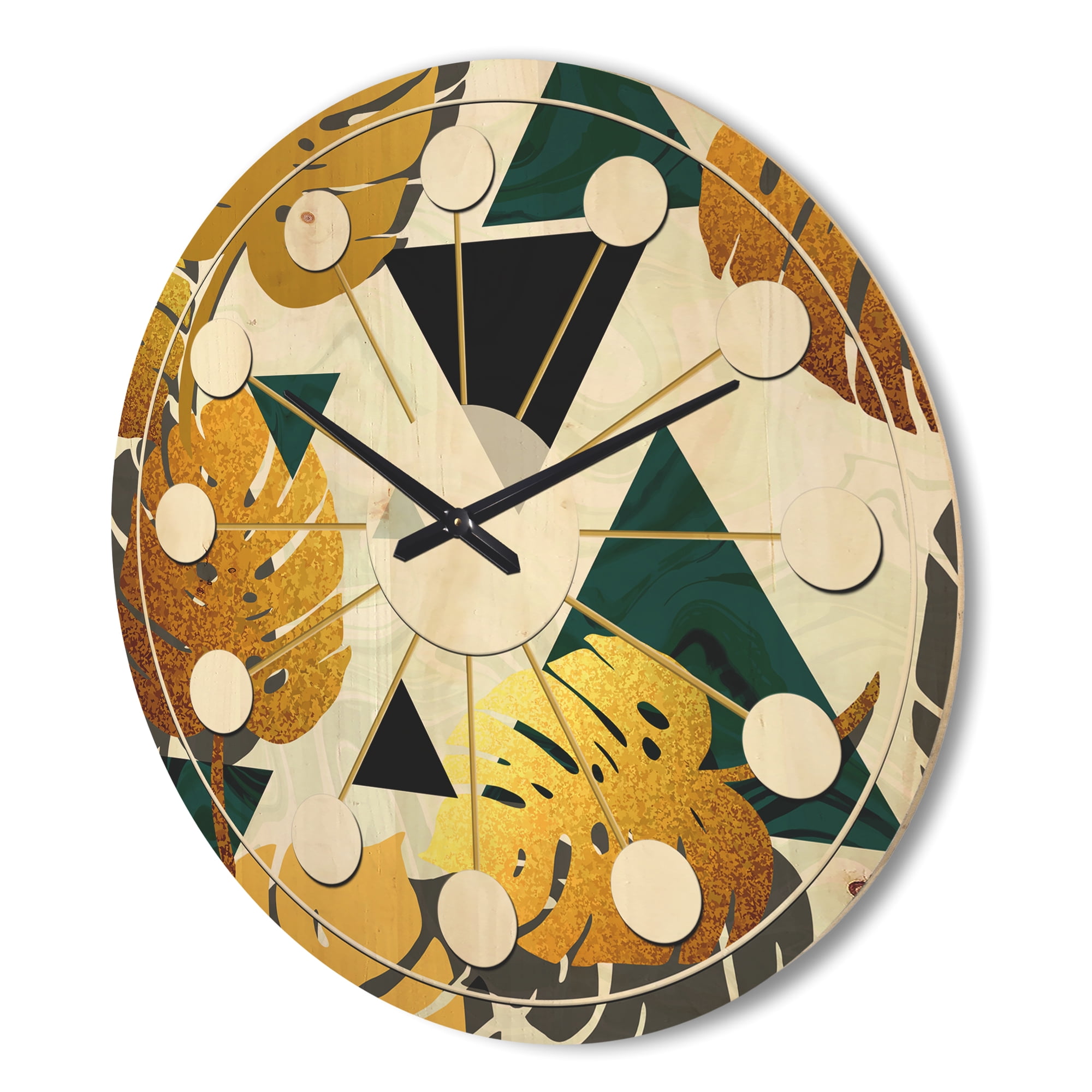 Designart 'Retro Golden Foliage V' Mid-Century Modern Wood Wall Clock