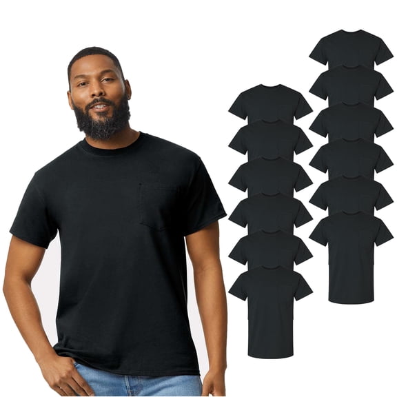 Gildan Ultra Cotton Crew Neck Pocket Tee, Bulk Short Sleeve Blank T-Shirt 12-Pack Black for Men, S