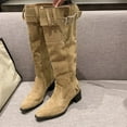 thumbnail image 5 of Rain Boots Women TKYCMSUAKI Camel Suede Knee High Boots for Women Snip Toe Chunky Heel Cowgirl Boots Ladies Fall Wide Calf Tall Boots, 5 of 9