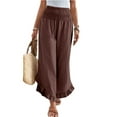 thumbnail image 2 of Women Linen Pants Summer Wide Leg Pants Smocked Waist Ruffle Hem Palazzo Pant Boho Flowy Beach Pant with Pocket, 2 of 6