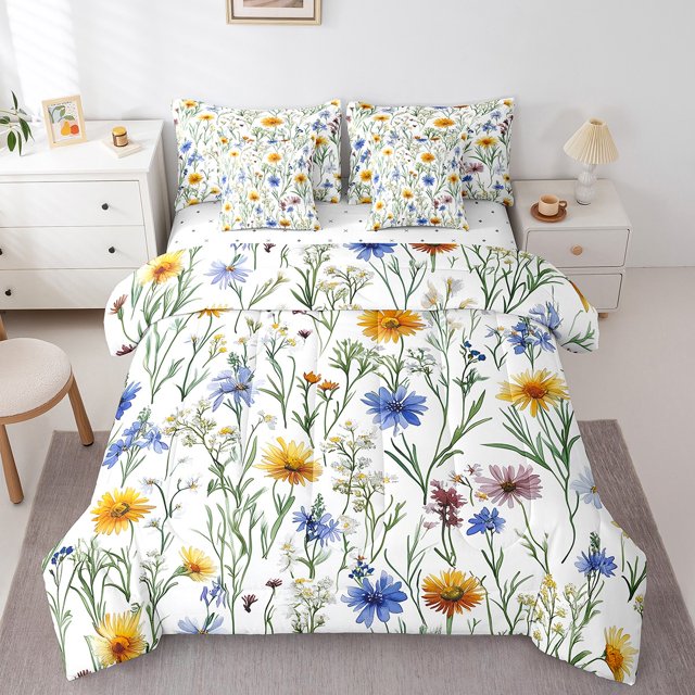 Erosebridal Rustic Groovy Bedding Sets Queen Size, Daisy Flower Comforter Sets with Sheets, Botanical Room Decor, 7pcs