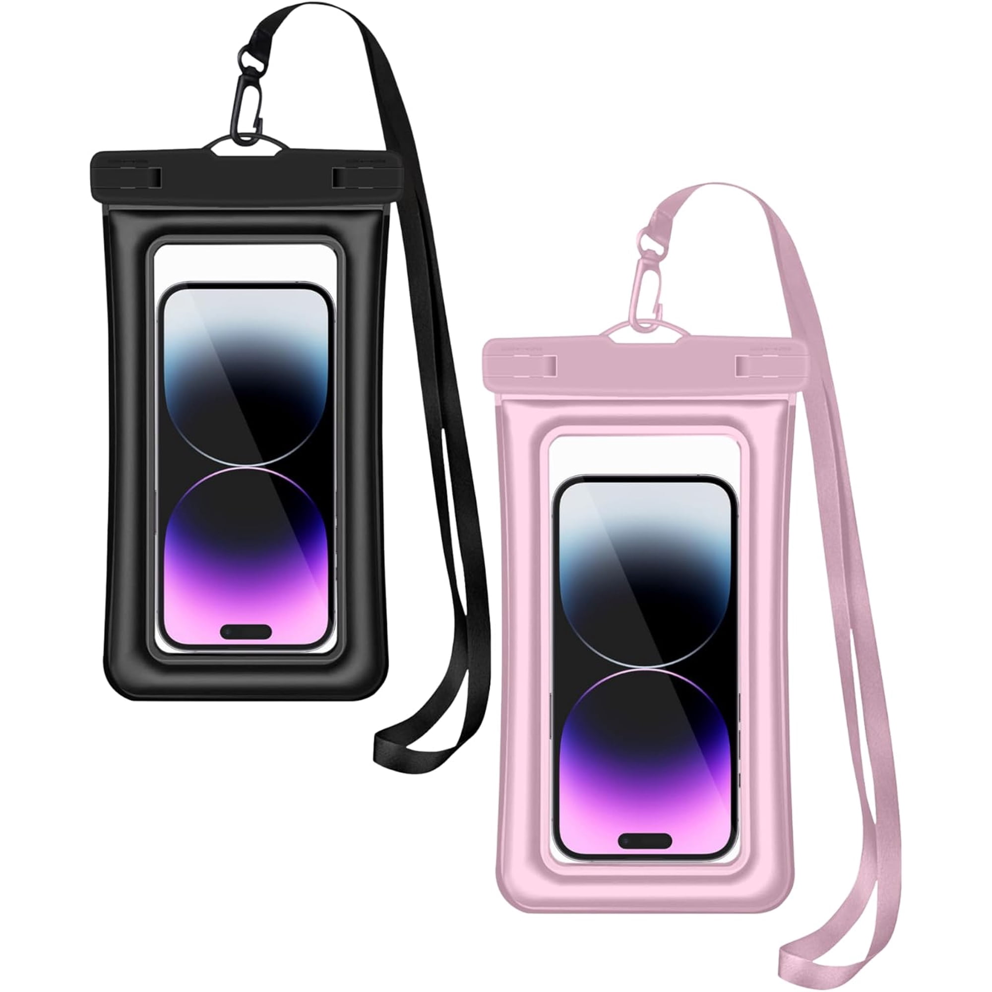 Waterproof Phone Pouch (2-Pack) – IPX8 Dry Bag with Built-in Airbag, Touch-Friendly Clear Window, Lanyard for Beach, Swimming, Kayaking & Cruise, Fits Phones up to 7.2" (Black + Pink)