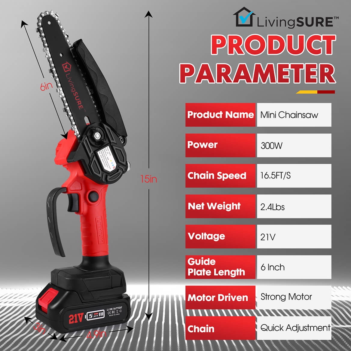 LivingSURE Mini Cordless Rechargeable Chainsaw Kit – 21V Handheld Electric Saw with 2 Batteries, Safety Features & Accessories – Lightweight 6" Bar for Tree Trimming, Firewood & Garden DIY Tasks