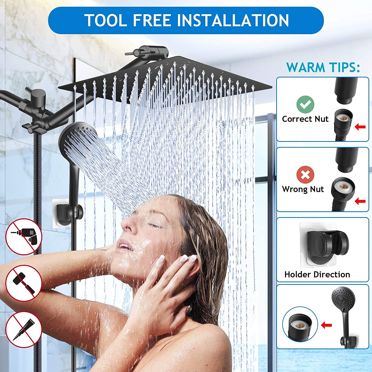 KINGTACK shower head combo, 12 Inch Rain Shower Head with Adjustable Extension Arm and 5 Spray Filtered Shower Head, Black