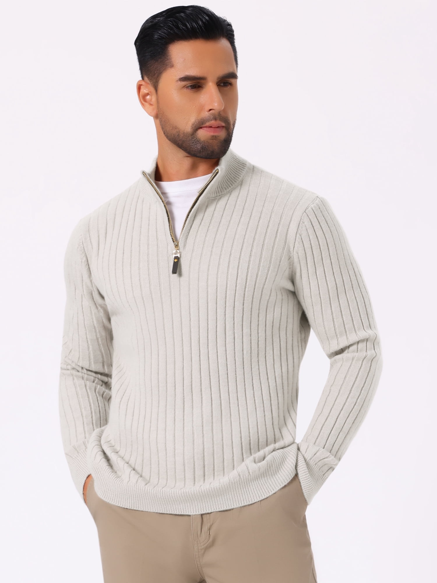 DARING DIVA Men's Casual Pullover Knitted Mock Neck Polo Sweater S Light Gray