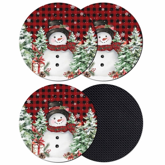 Christmas Coasters Set of 4, Absorbent Coasters for Drinks, Snowman Snowflake Trees Watercolor Birds Red Plaid Coaster for Desk Coffee Table Protection, Home Decor House Warming Gifts 4"