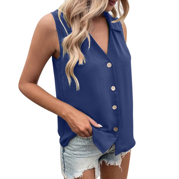 Gibobby Camiseta sin mangas con botones y cuello en V de color sólido informal para mujer(Azul,XG)