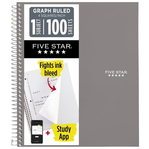 Five Star Spiral Notebook   Study App, 1 Subject, Graph Ruled, 8.5" x 11", Gray