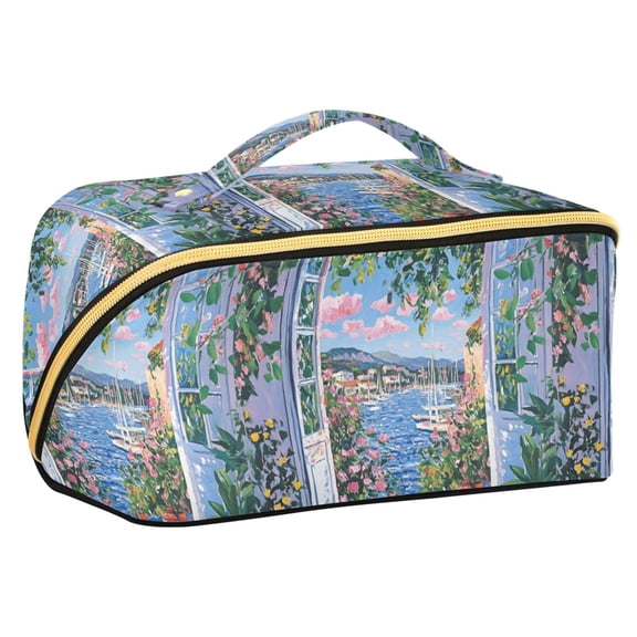 FORMRS Makeup Bag Travel Cosmetic Organizer for Women Fold Flat Zipper Pouch with Handle, Blue Floral Window