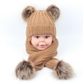 thumbnail image 3 of Toddler Kids Winter Warm Ribbed Knit Beanie Hat with Long Scarf Set Solid Color Cute Double Pom Pom Ear Cuffed Skull Cap, 3 of 10