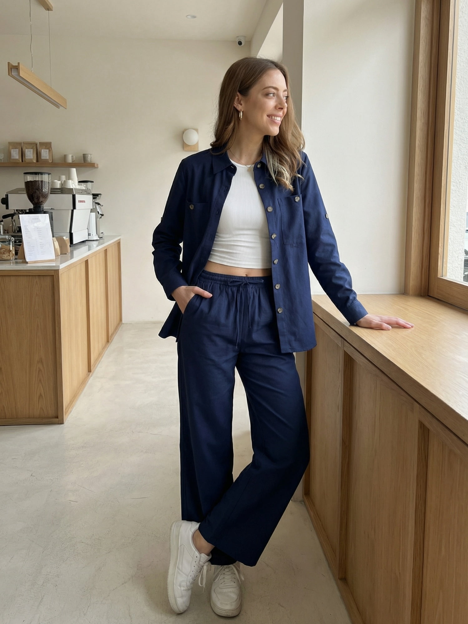 DARING DIVA Women's Linen Pant 2 Piece Summer Outfits Button Down Shirt L Navy blue