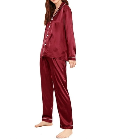 

Womens Pajama Sets Contrast Binding Lapel Sleepwear Burgundy L