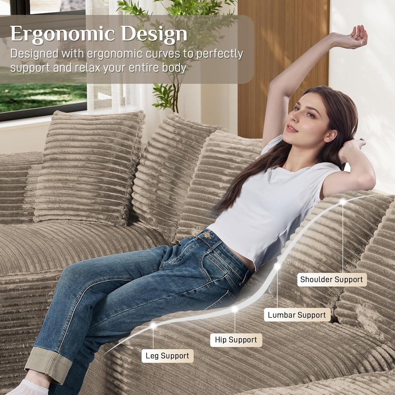 Wiilayok U Shaped Sectional Sofa,Modular Cloud Corduroy Sofa Couch with Extra Deep Seat for Living Room Sofa, No Assembly, Brown