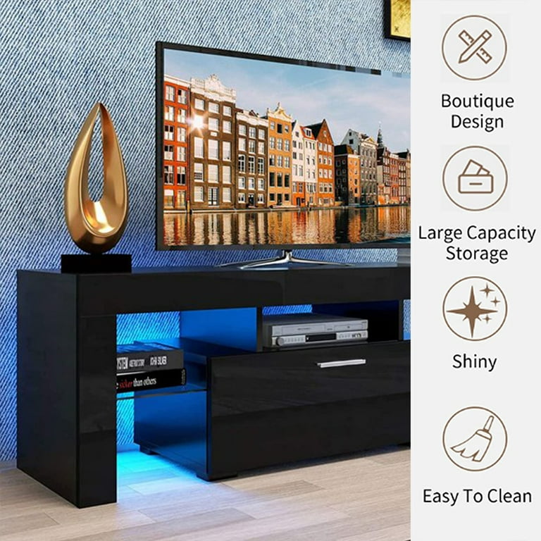 Modern Black TV Stand for 55 Inch TV High Glossy Front TV Cabinet TV Stand Cabinet with 16 LED Lights Living Room Entertainment Center TV Console with a Drawer Walmart