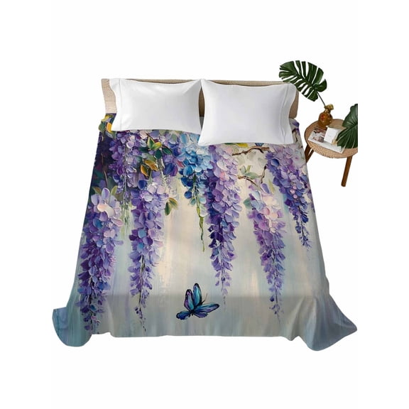 California King Size Flat Sheet Only, Purple Lavender Soft Brushed Microfiber Bed Sheets, Butterfly Flower Abstract Brush Artwork Hotel Quality Breathable Bedding Top Sheet, Easy Care, 108"x98"