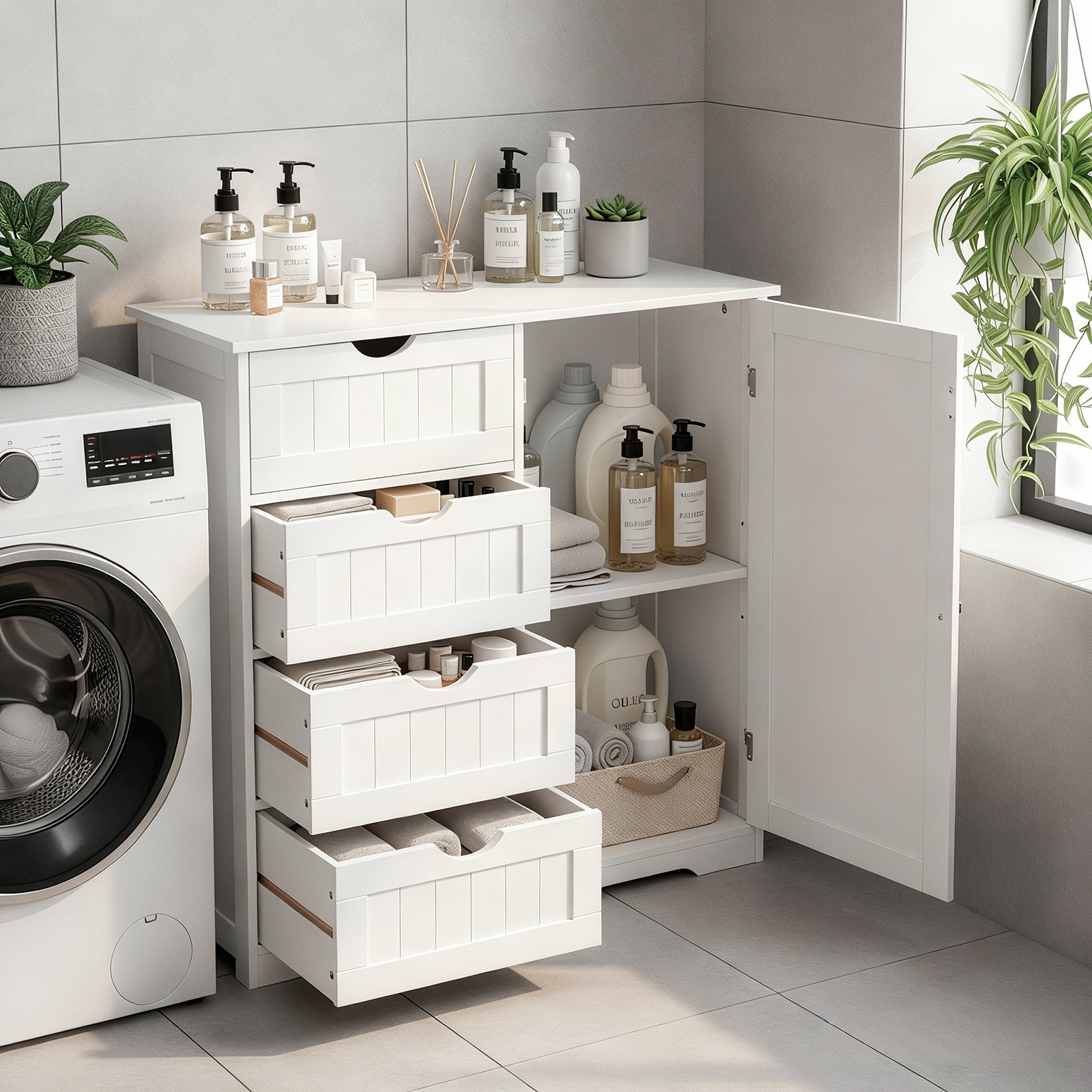 Ktaxon Larger Wooden Bathroom Floor Cabinet, Side Storage Organizer with 4 Drawers, 1 Cupboard & 2-Shelves, White