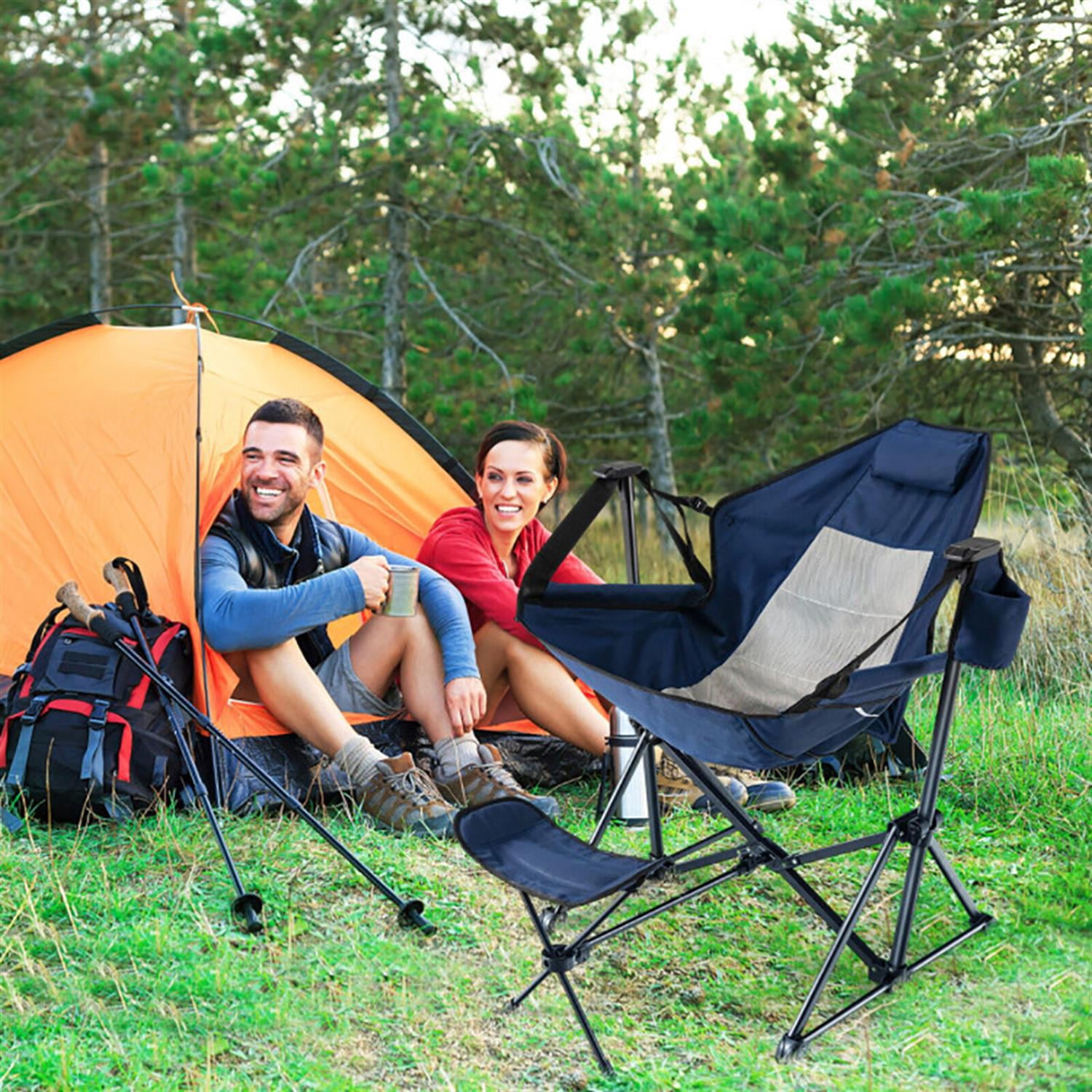 Spaco Portable Camping Hammock Chair with Retractable Footrest and Carrying Bag, Outdoor Folding Patio Chair, Blue