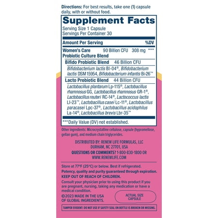Women's Probiotic Supplement | 30 Vegetarian Capsules | 90 Billion CFU | by Renew Life