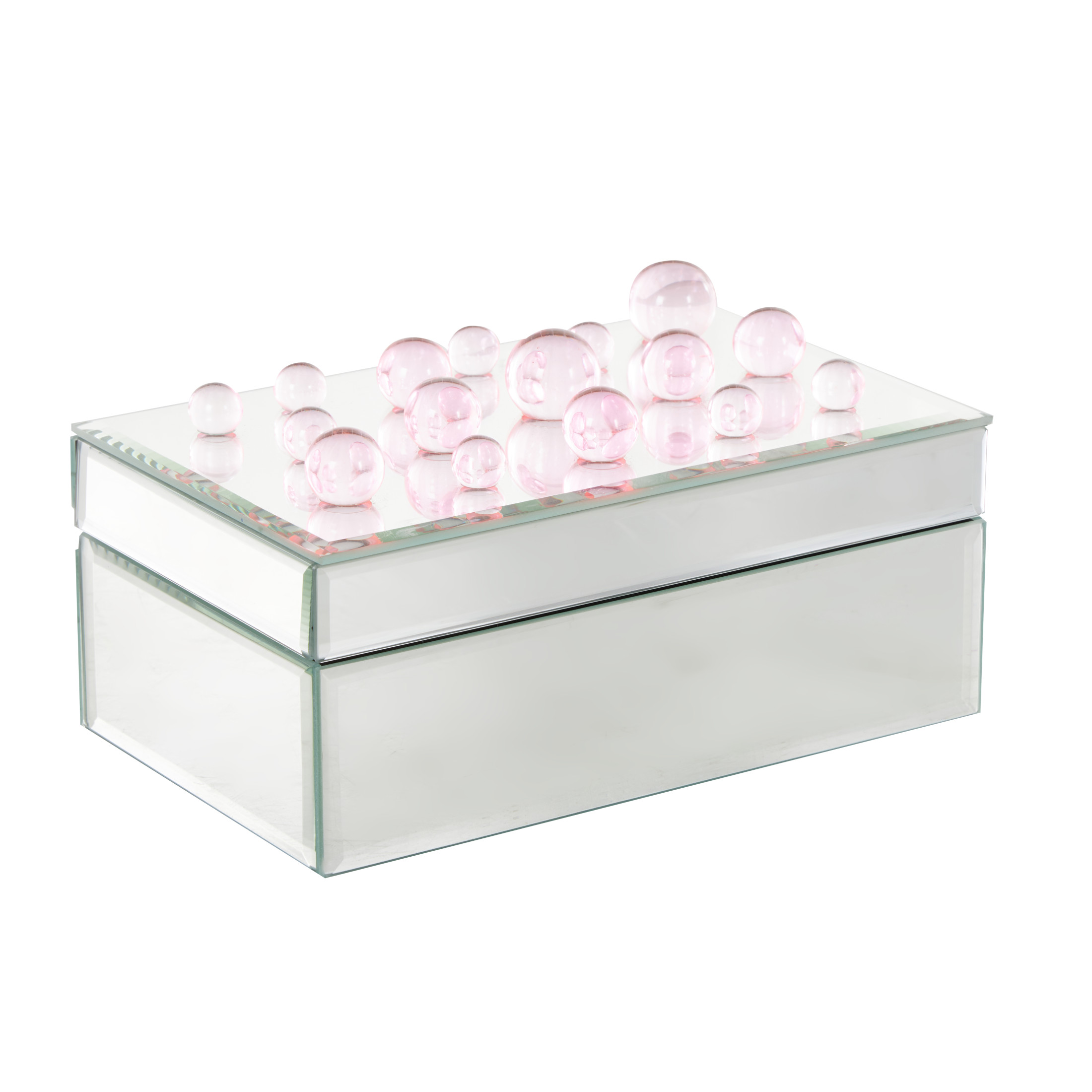 DecMode Mirrored Silver Glass Decorative Jewelry Box with Pink Bubble Textured Balls