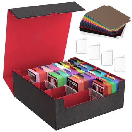 4-Row Trading Card Storage Box, Card Deck Case for Trading Cards 3000+, Card Organizer Box with 24 Dividers and 4 Clips, Adsorptive Closure, Waterproof PU Leather and Velvet Interior