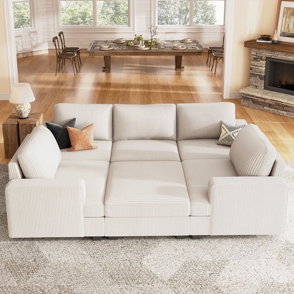 HONBAY Modular Corduroy Couch Sectional Sleeper Sofa Bed for Living Room, Beige