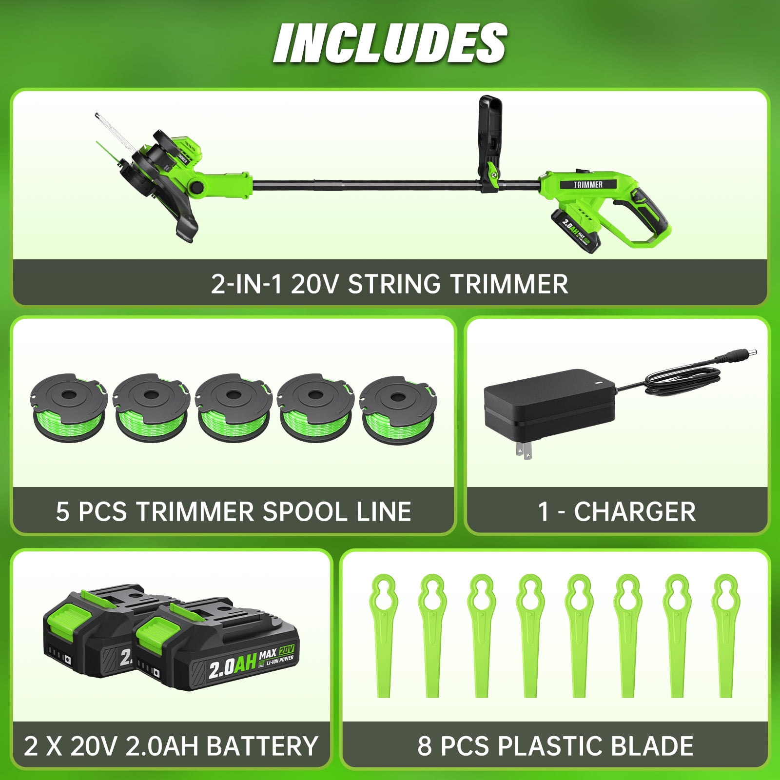 20V Cordless Weed Eater & String Trimmer, Brushless Motor 12" Lawn Edger, 2x2.0Ah Batteries, Includes 5 Spools & 8 Blades, Lightweight Weed Whacker
