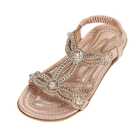 Otqutp Toddler Girls Pearl Sequins Sandals Formal Dress Open Toe Fancy Wide Shoes Kids Baby Elegant Flat Non Slip Fancy Shoes