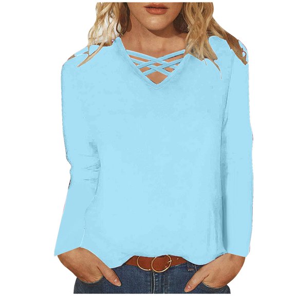 YUGYXL Long Length Sleeve Womens Tops V Neck Strappy Criss Cross Shirts Solid Color T-Shirt Casual Loose Fit Blouses Blue M