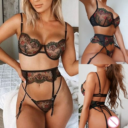 

Medcursor Floral With Garter Lace Set Bra Belts Piece Lingerie 3 Sexy And Panty Women s