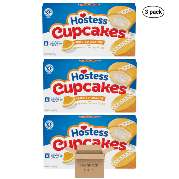 The Snack Store Bundle Hostess Frosted Orange Cupcakes, 13.5 oz, 3 Boxes of 8 Count, 24 Total Cupcakes!