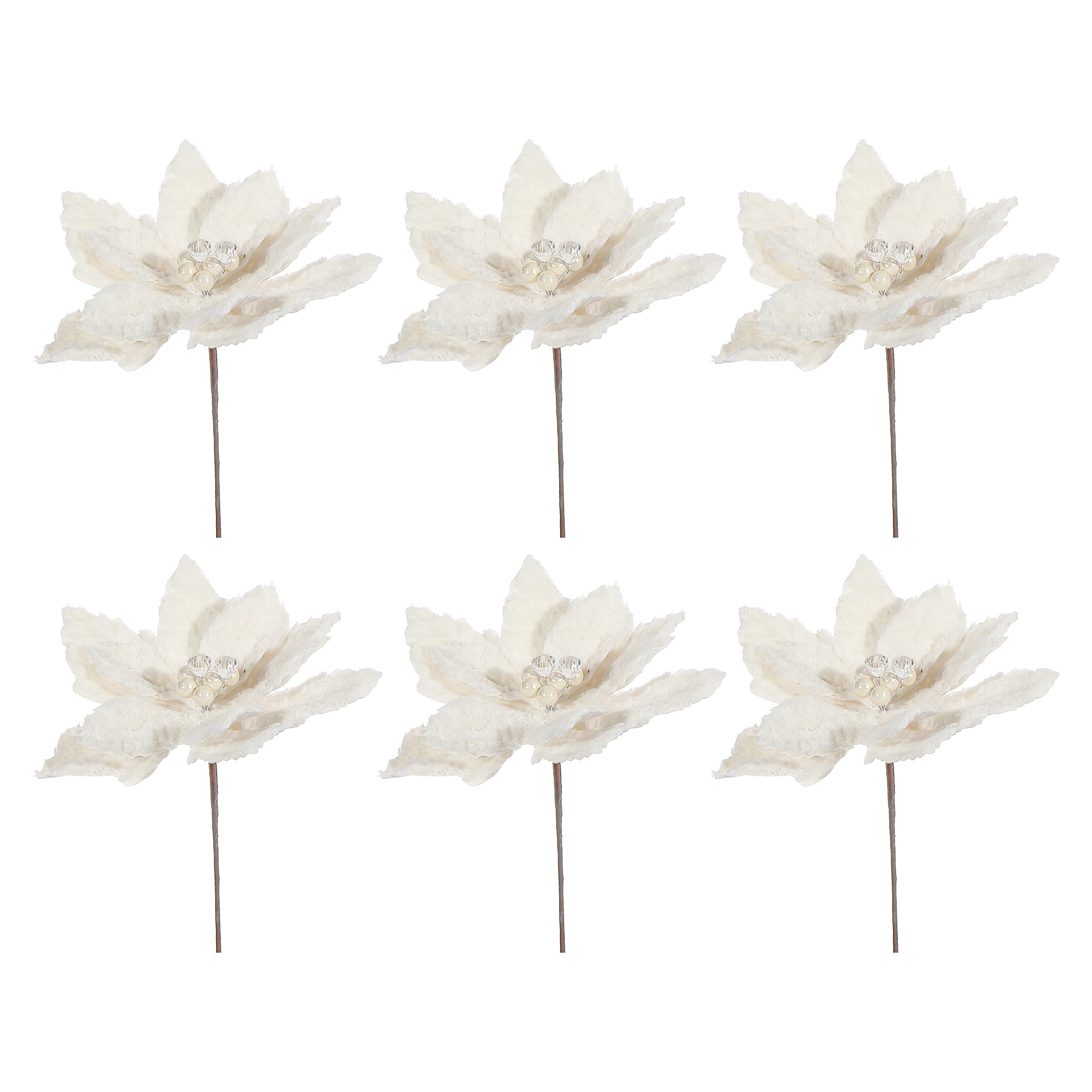 Furry Poinsettia Pick (Ivory) - Set of 6