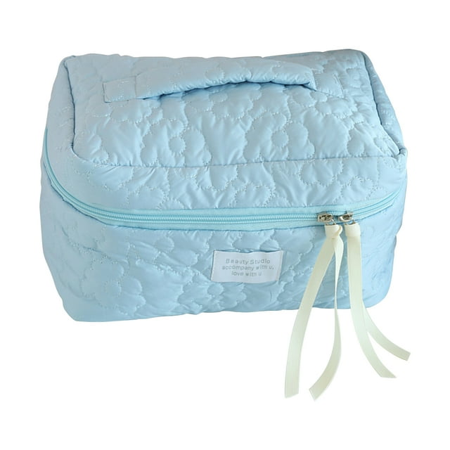Bolsa de cosméticos Flor acolchada Almacenamiento lindo Gran capacidad Suave para el trabajo Azul