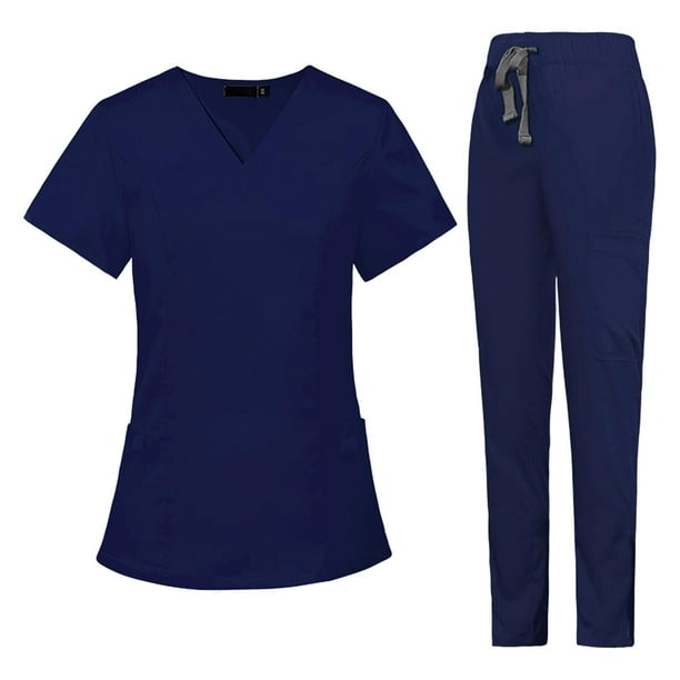 Conjunto de uniforme médico para mujer, conjunto de parte superior y pantalones de enfermera, ropa de trabajo para enfermera Azul oscuro M
