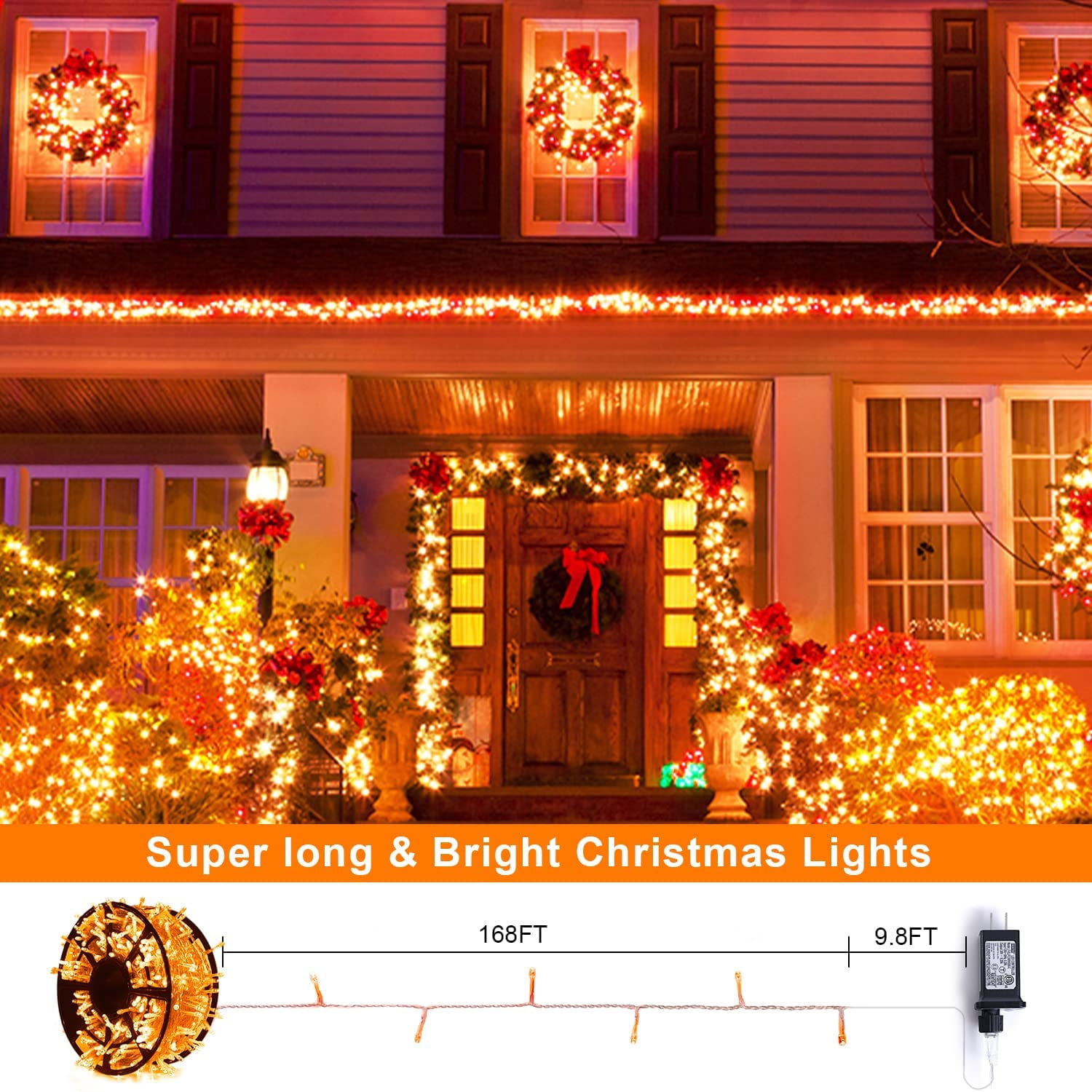 JMEXSUSS 600 LED Thanksgiving Lights Outdoor, 8 Modes Orange Christmas Lights Plug in, Orange String Lights Clear Wire for Fireplace, House, Yard, Halloween Christmas Thanksgiving Decorations