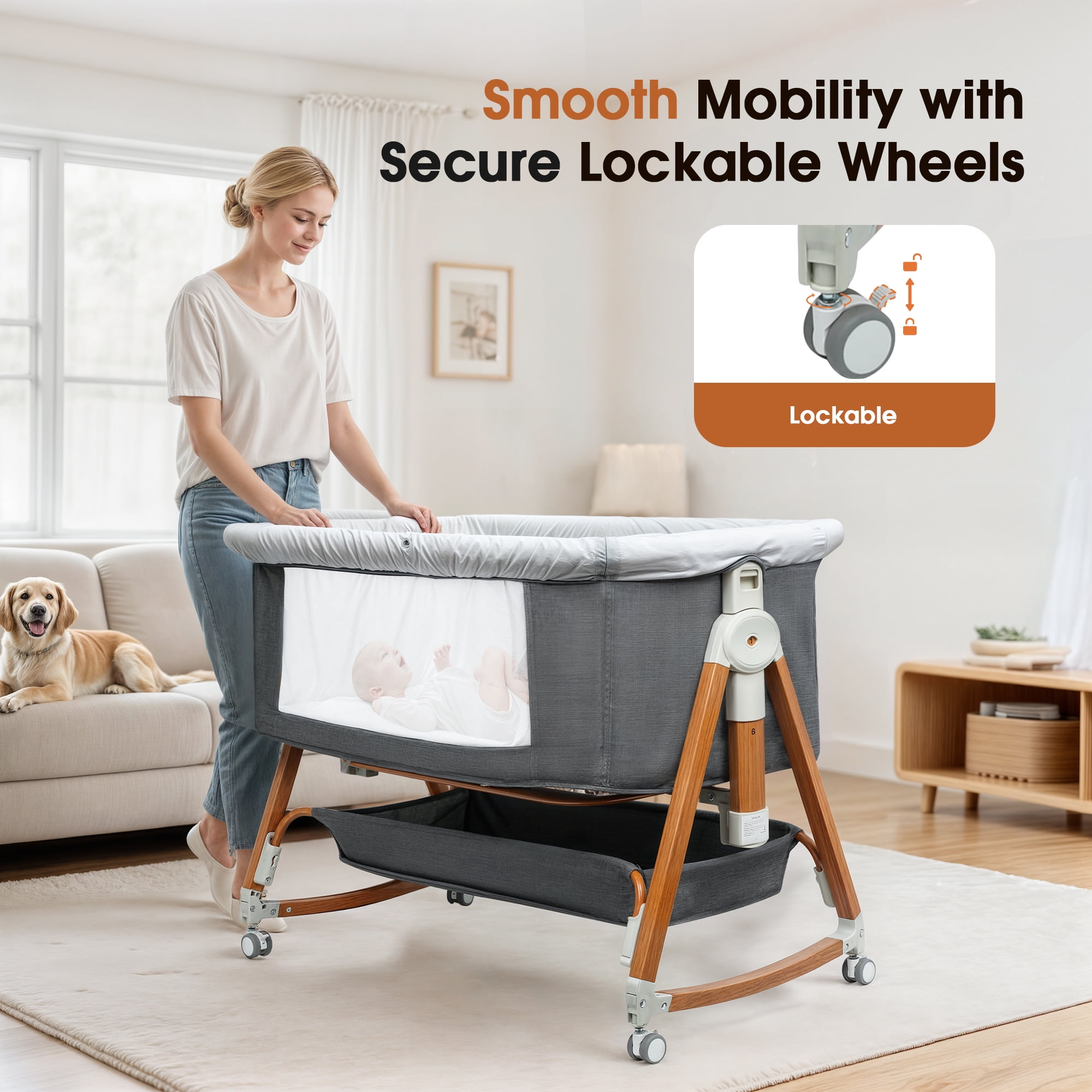Haoyunduo Baby Bassinet, Foldable Baby Crib with 6 Adjustable Heights and Storage Basket for Infant Newborn Child, Gray