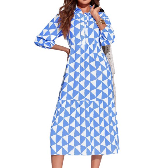 Womens Color Block Long Sleeve Boho Midi Dress Casual Beach Button Down Shirt Dress