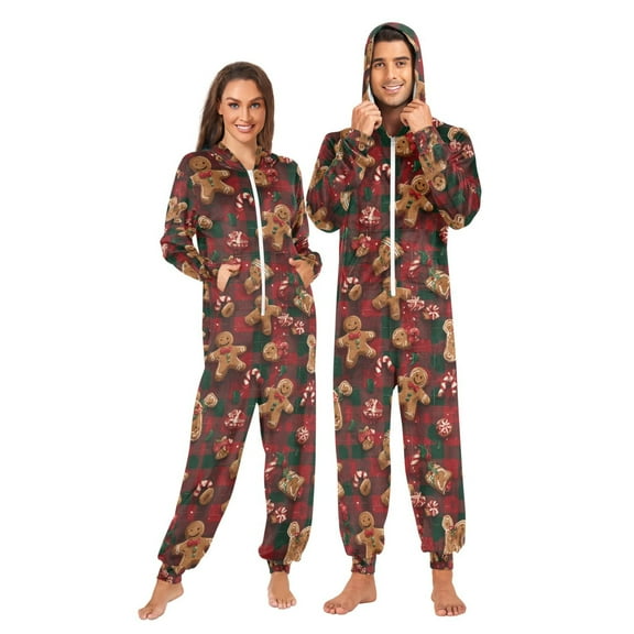 Adult Christmas Onesie Gingerbread Man Adult Zipper One-Piece Pajamas Unisex Pajamas with Pockets