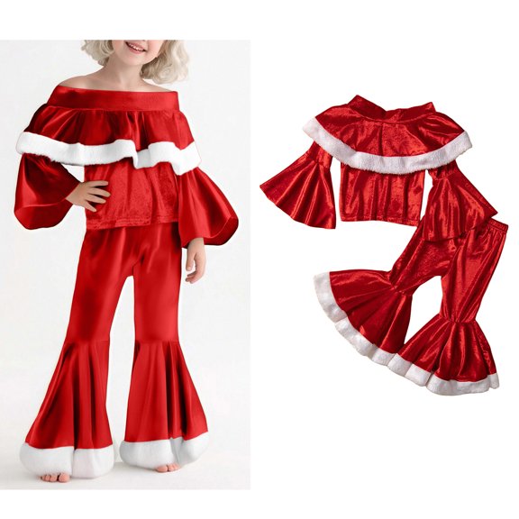 Santa Girl Outfit Long Sleeve Top Flare Pants Set Party Outfit 7-8 Years Christmas Outfit Girl