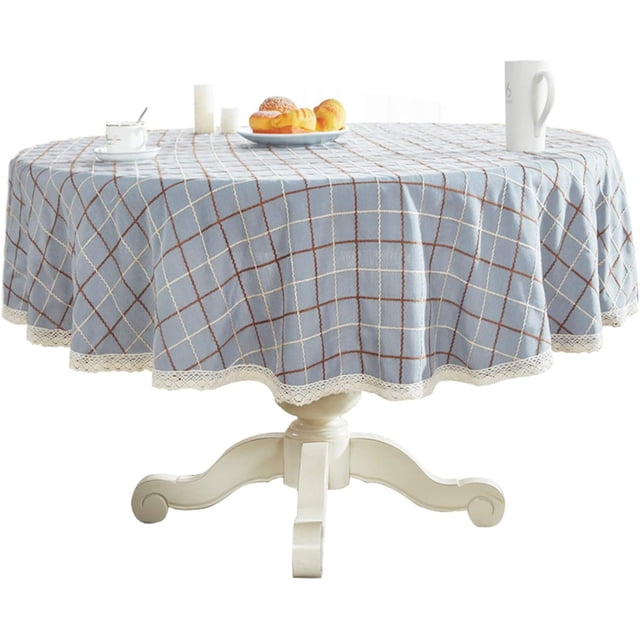 Heavy Weight Cotton Linen Tablecloth Lace Plaid Round Table Cloth for Kitchen Dining Room Tabletop Decoration, 48" - Round, Light Blue