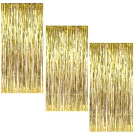 Foil Fringe Curtain, Ztent 3 Pack Gold Metallic Tinsel Foil Backdrop for Birthday Party Wedding Decor Bridal Shower Baby Shower Engagement Bachelorette Party Supplies