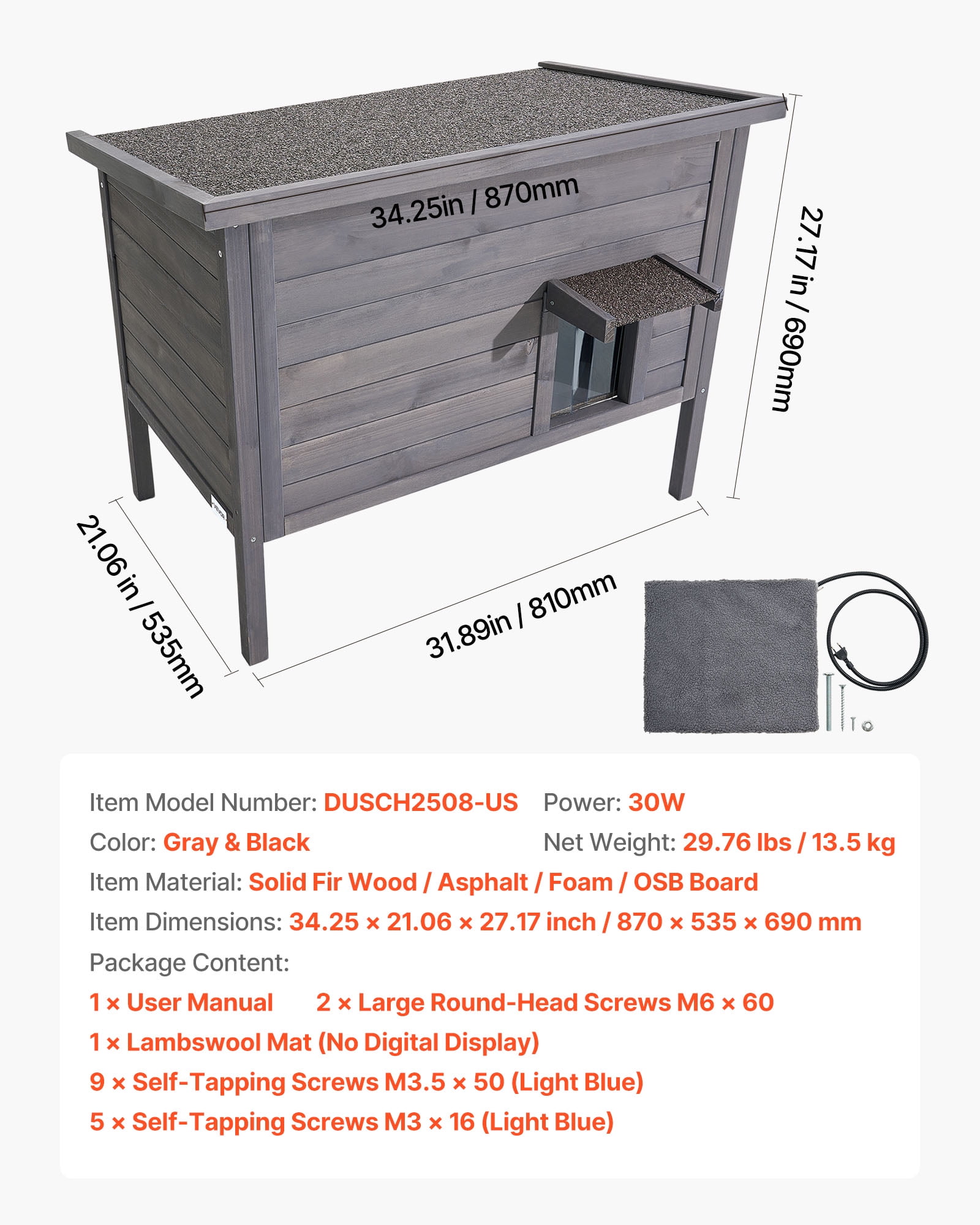 VEVOR Heated Cat House, Insulated Wooden Cat House for Outdoor Cats, Waterproof Feral Kitty Shelter with Heating Pad, PVC Flap Door & Openable Asphalt Roof for 1-3 Cats in Winter, 34 x 21 x 27 in
