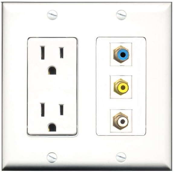 RiteAV - 15 Amp Power Outlet 1 Port RCA Yellow 1 Port RCA Green 1 Port RCA Blue Decorative Wall Plate