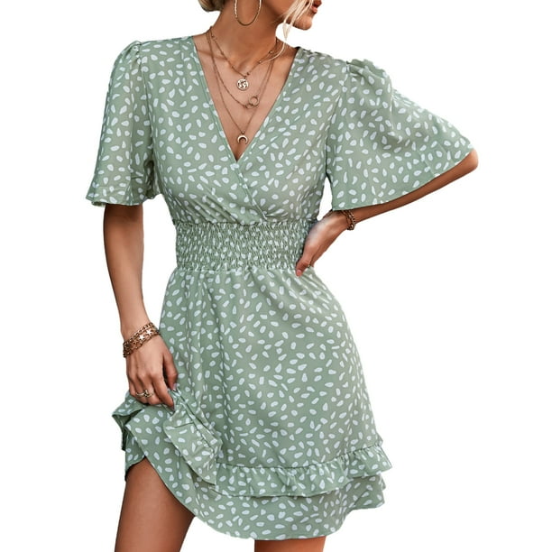 One Piece Dress Floral Print Short Sleeve Fashion Elegant High Waist Summer Dress For Vacation For Women For Daily Wear Green S