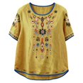 thumbnail image 3 of BODOAO Women's Embroidered Cotton Linen Peasant Top, Short Sleeve Boho Mexican Tunic Blouse, Loose Casual Summer T Shirt for Festival, Vacation, Beach, Daily Wear Yellow XL, 3 of 4