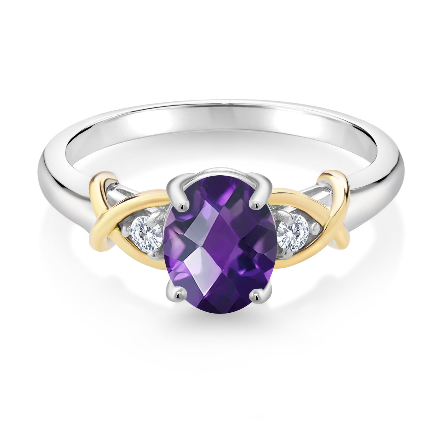 Gem Stone King 2 Tone 10K Yellow Gold and 925 Sterling Silver Oval Checkerboard Purple Amethyst and Lab Grown Diamond Engagement Ring for Women (1.28 Cttw, Available in Size 5,6,7,8,9)