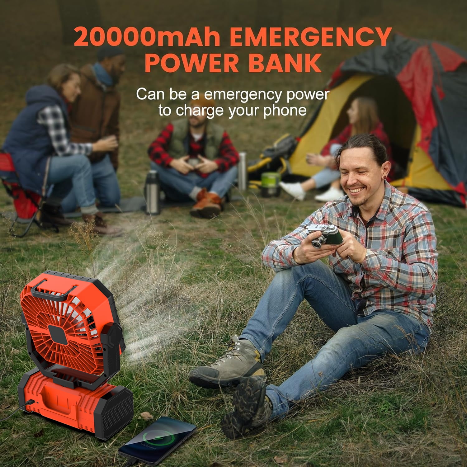 SuperRGB Portable Camping Fan, 20000mAh Rechargeable Battery Operated Fan with LED Light & Remote, 4 Speeds, Timer & Hanging Hook for Tent, Outdoor, Travel, Emergency Orange