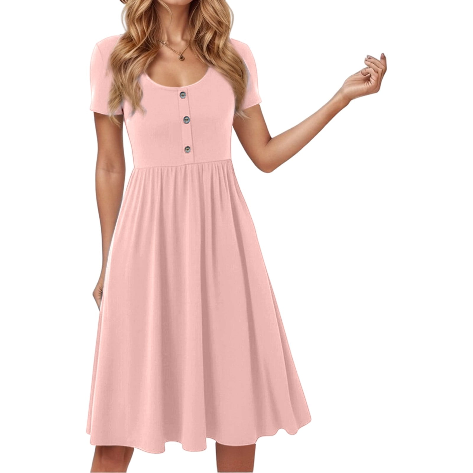 Women's Printed Casual Round Neck Button Down Short Sleeve Knee