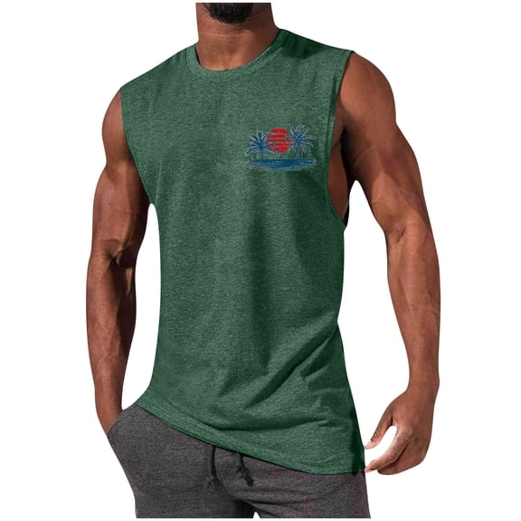 BVnarty Men's Summer Casual Crew Neck Sleeveless Tank Top, Loose Fit Coconut Tree Sunset Palm Print Athletic Workout Muscle Tee for Beach Gym Daily Wear Army Green L