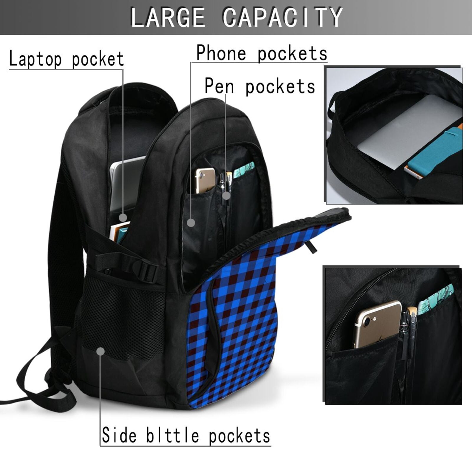 Vsdgher Buffalo Plaid Blue Black Print Travel Laptop Backpack, Laptops Backpack with USB Charging Port, Water Resistant Computer Bag Gift for Men & Women